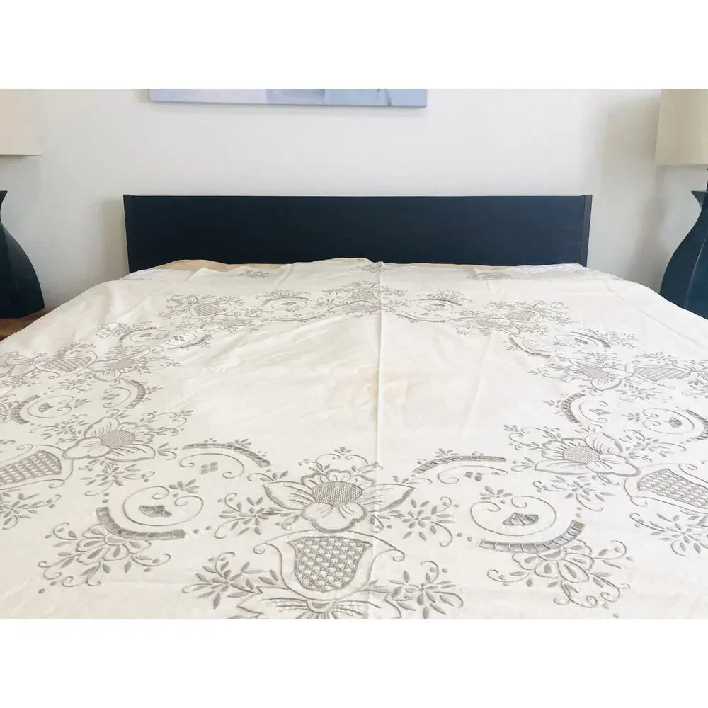 Vintage Large Tablecloth and 12 Napkins Embroidered Cream Grey Floral Bell Gray